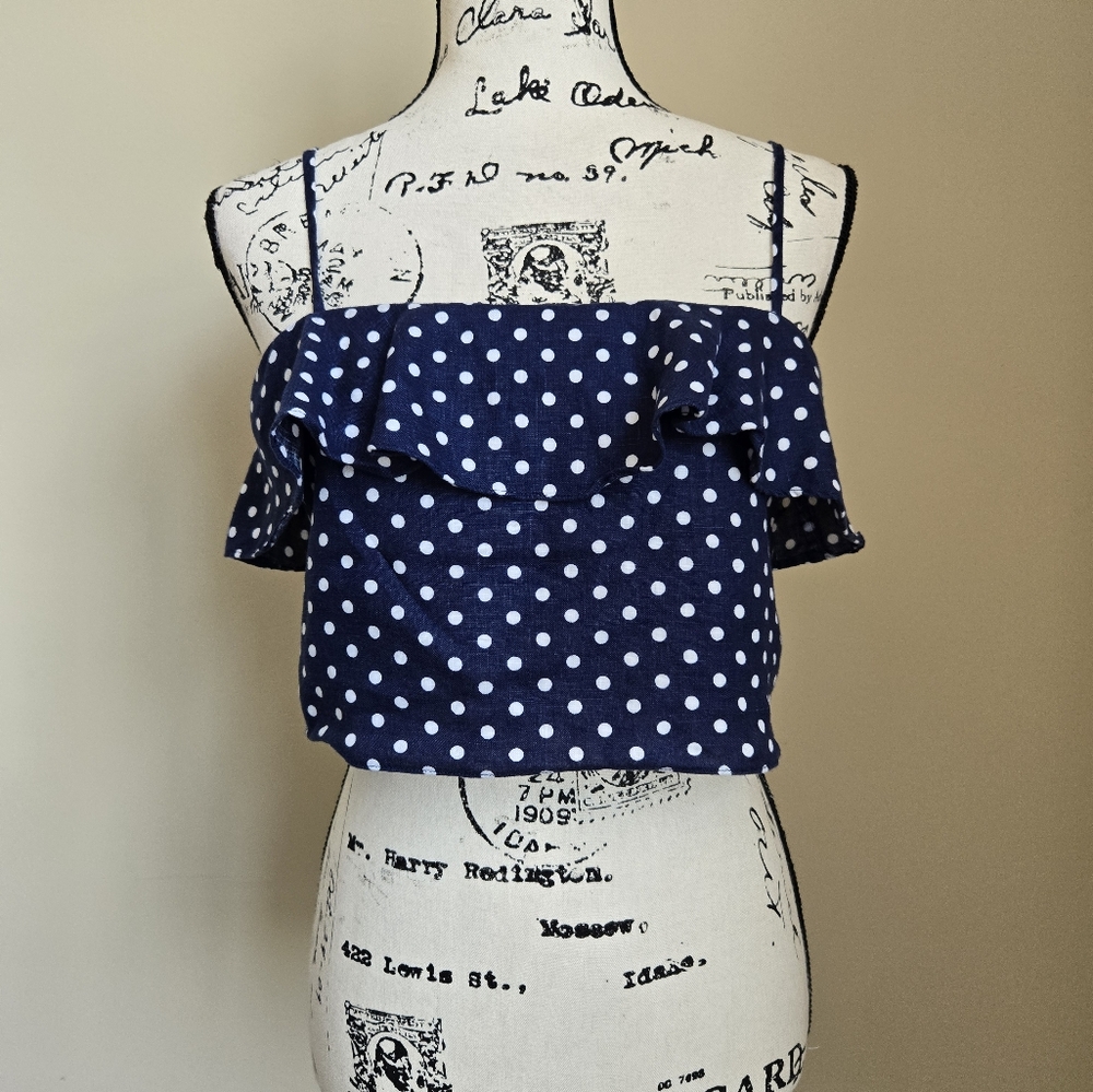 L'Academie Navy Blue Polka Dot 100% Linen Off-Shoulder Crop Top